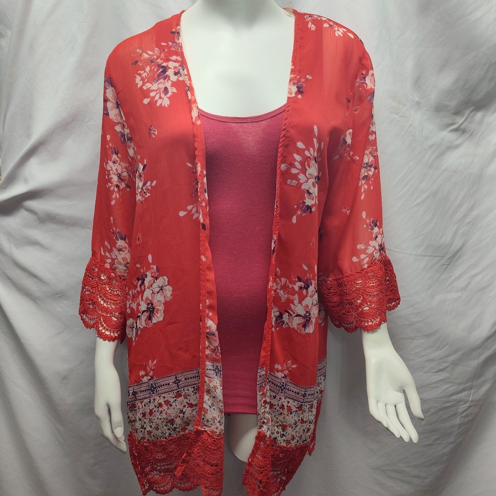 Rewind med crochet kimono red floral Boho beach tropical sheer fairy goddess